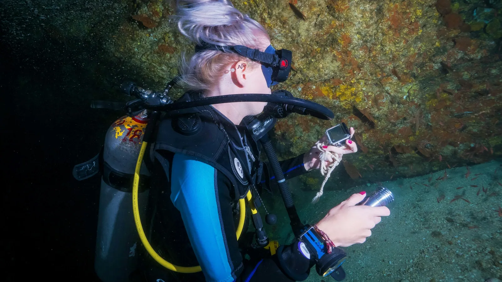 A scuba diver checking an instrument on the wrist while holding a light
