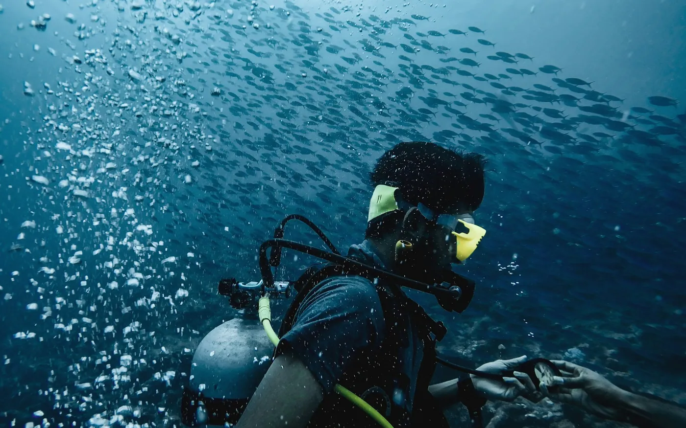 A scuba diver surrounded by bubbles and small fish