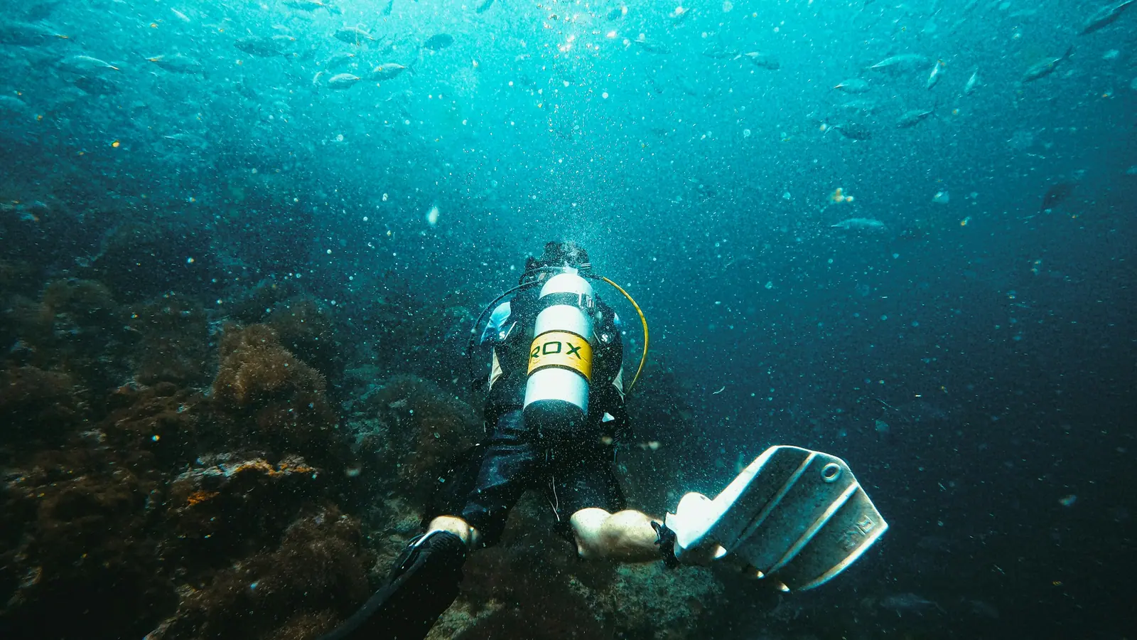 A scuba diver with a banded cylinder swimming over a rocky bottom