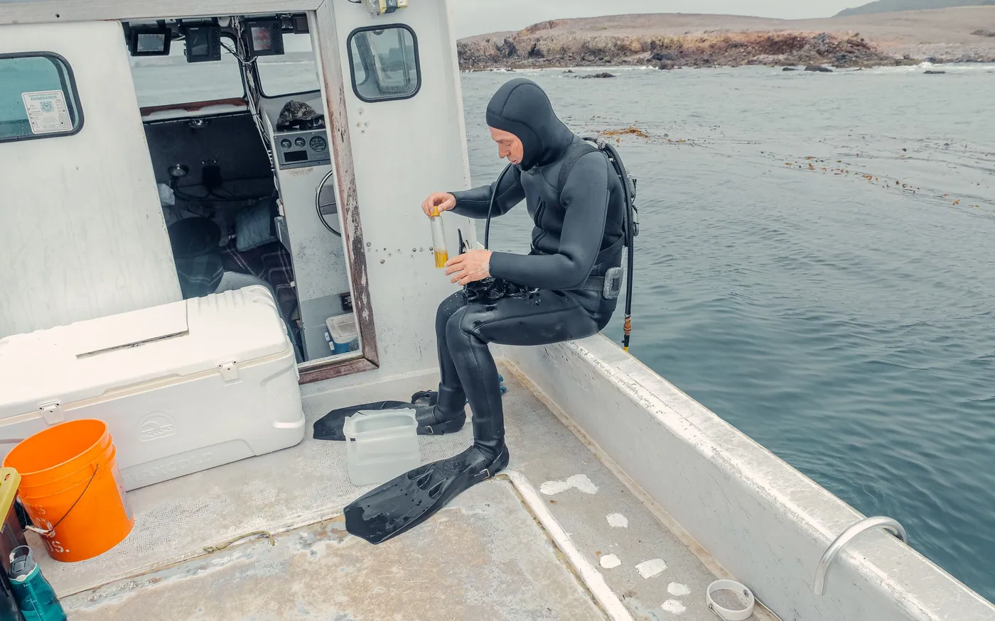 A diver in a hooded suit sitting on the side of a boat with fins on