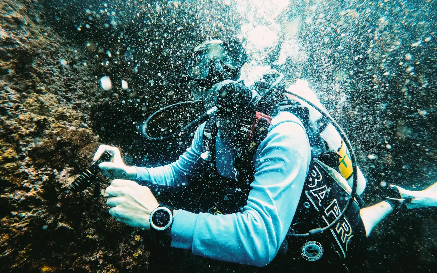 A scuba diver working close to a rocky bottom in green water