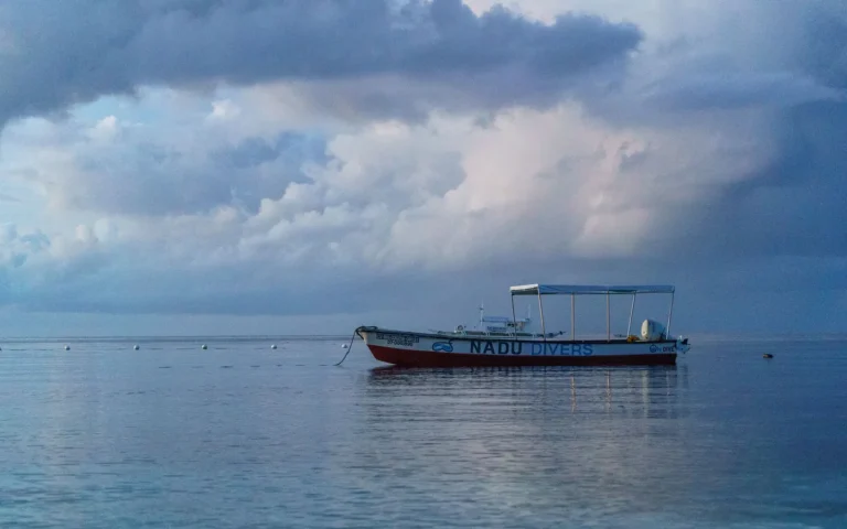 A small boat on the horizon under a heavy sky