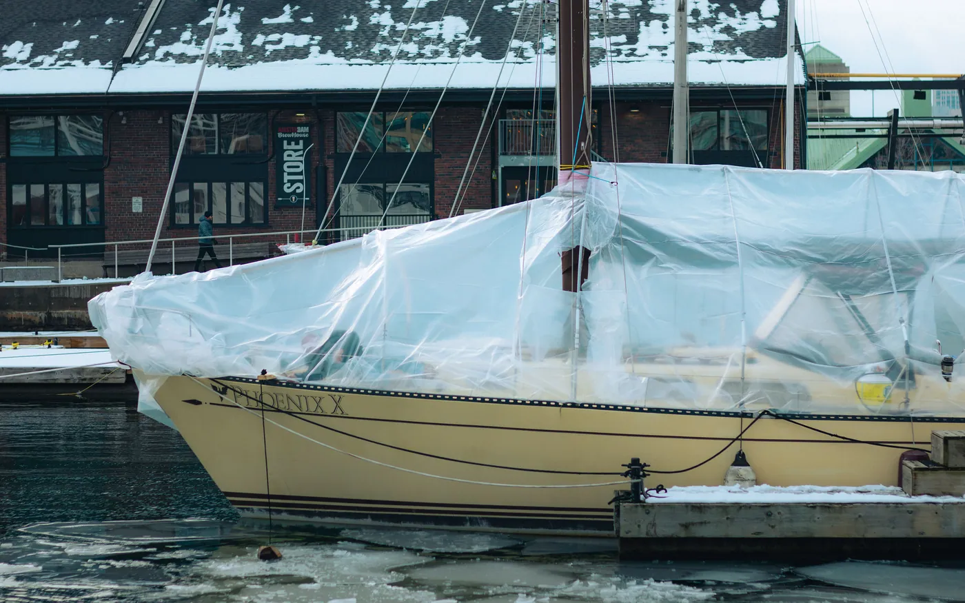 Boats shrink-wrapped and hauled out for the winter