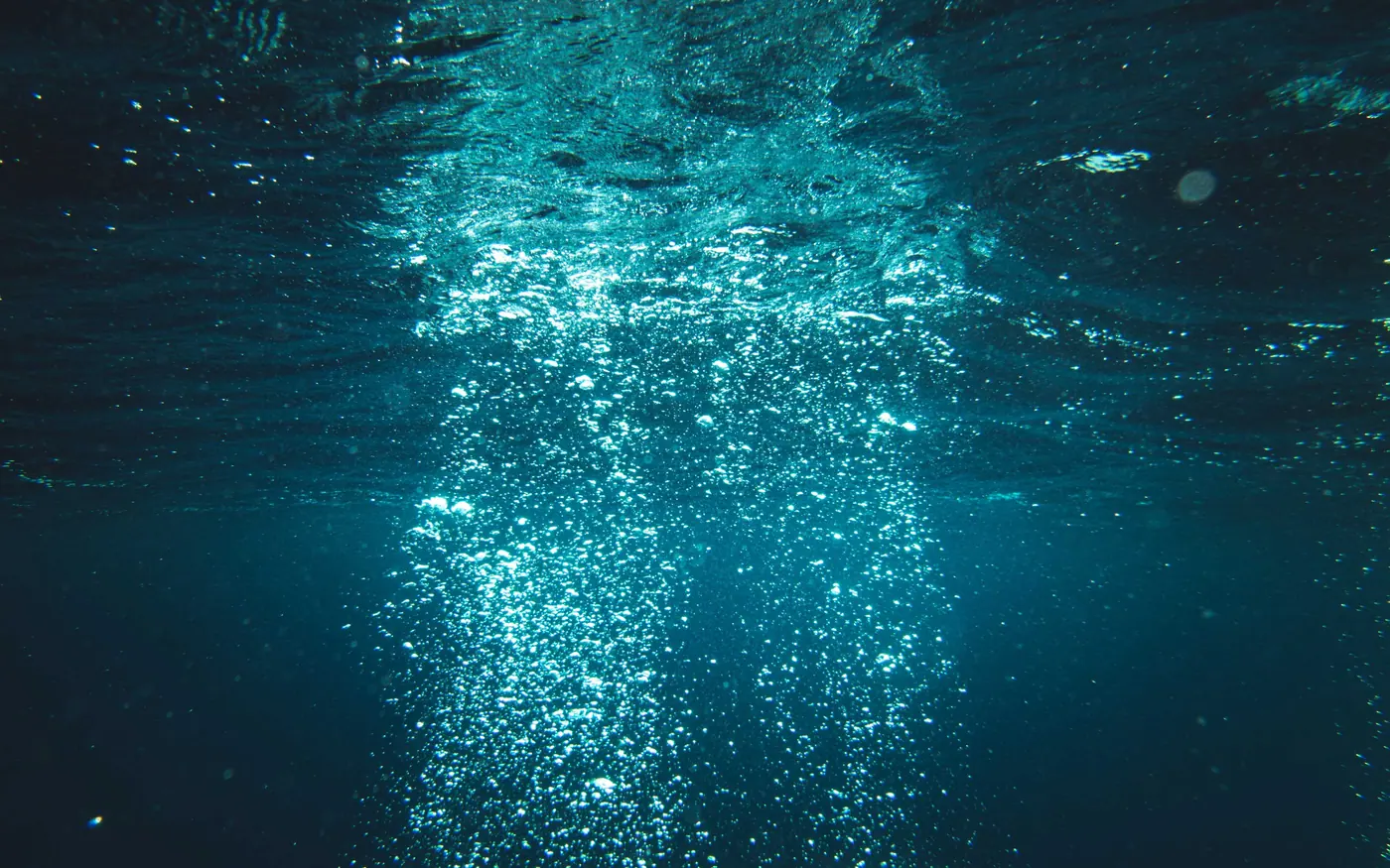 A stream of exhaled bubbles rising through blue water