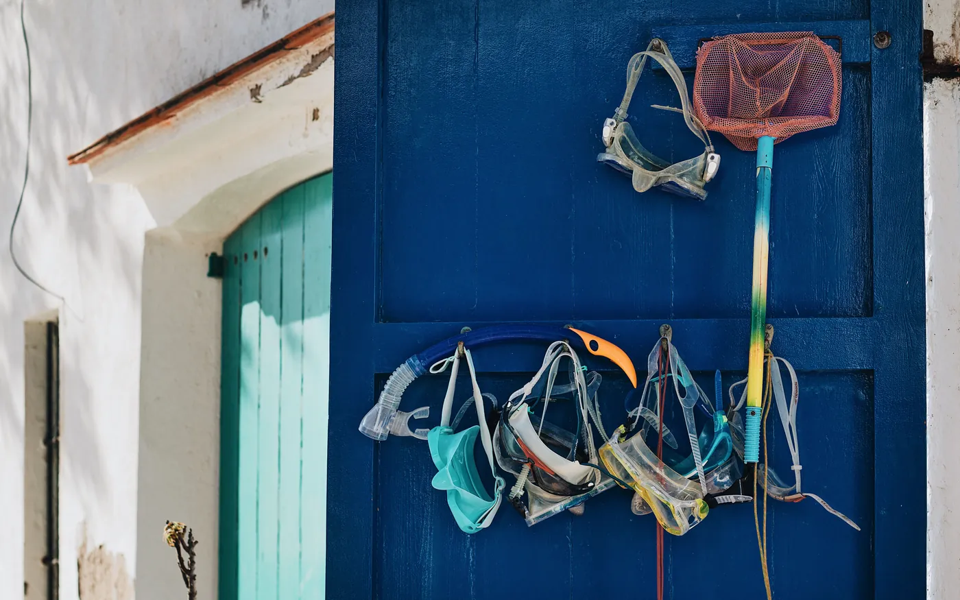 Masks, snorkels and dive gear hanging on a blue door to dry