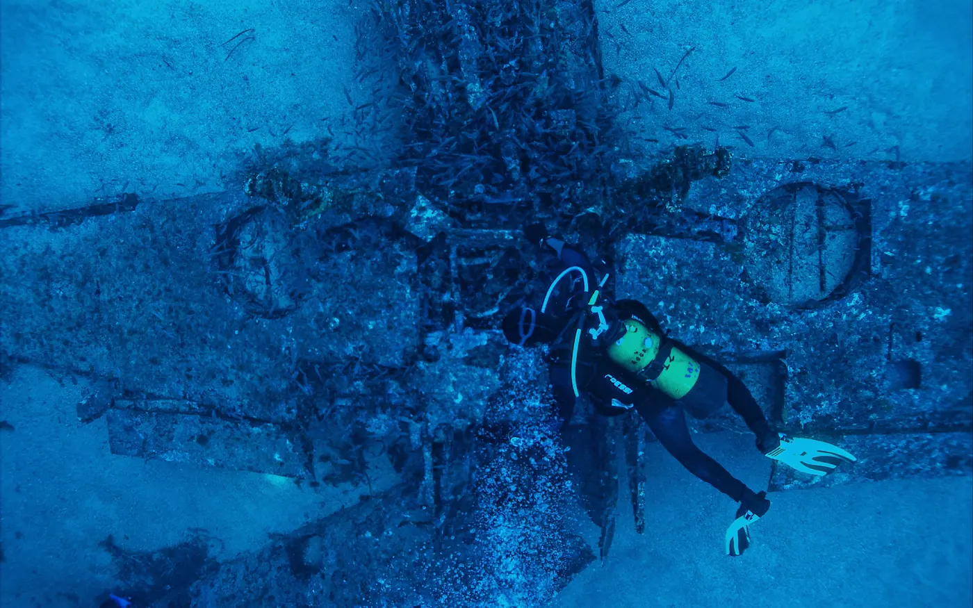 A scuba diver moving slowly alongside submerged structure