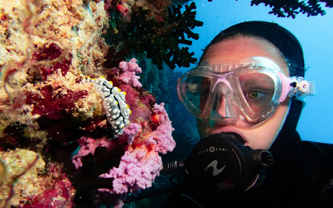 Close-up of a scuba diver in a well-fitted mask beside a reef