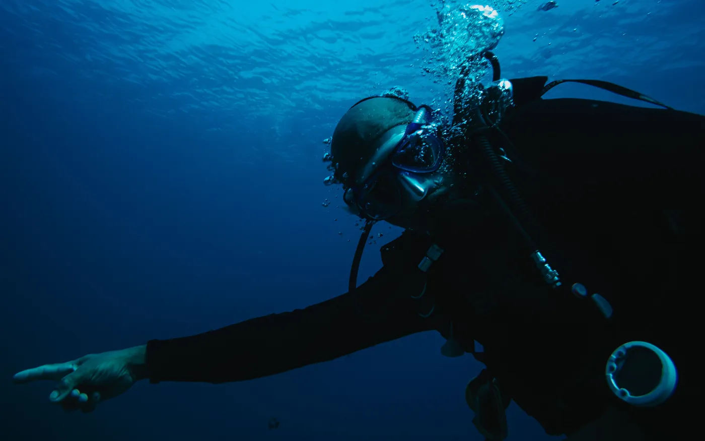A scuba diver pointing at something in deep blue water