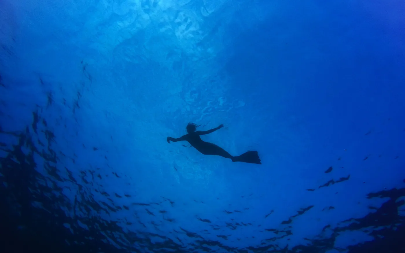 A scuba diver silhouetted in deep blue water
