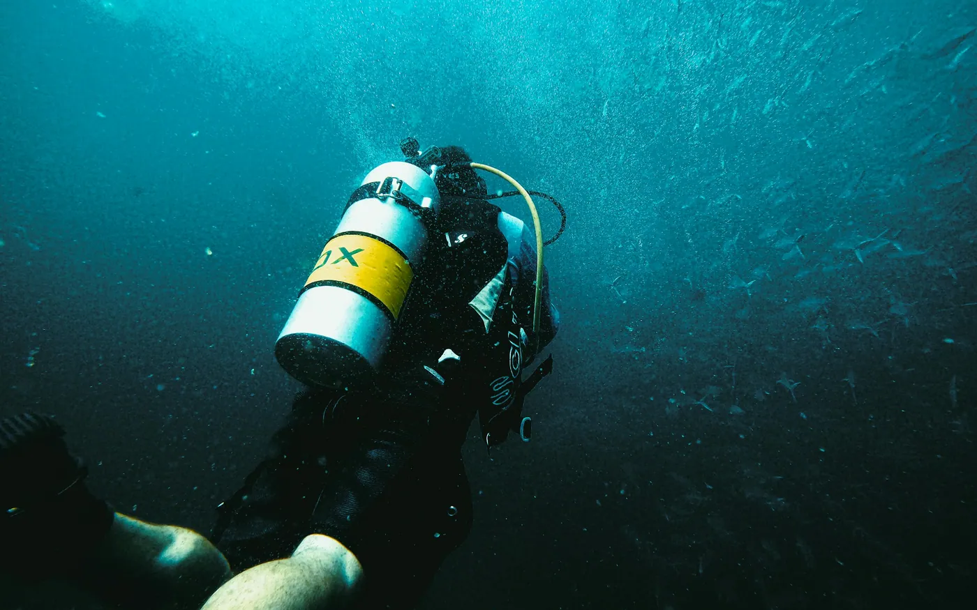 A scuba diver with the knees bent and fins turned outward