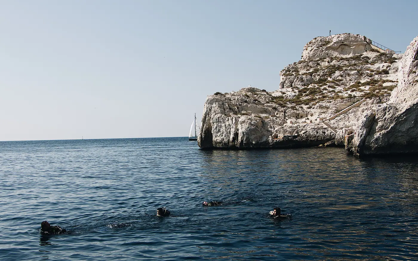 Divers at the surface near a rocky shoreline