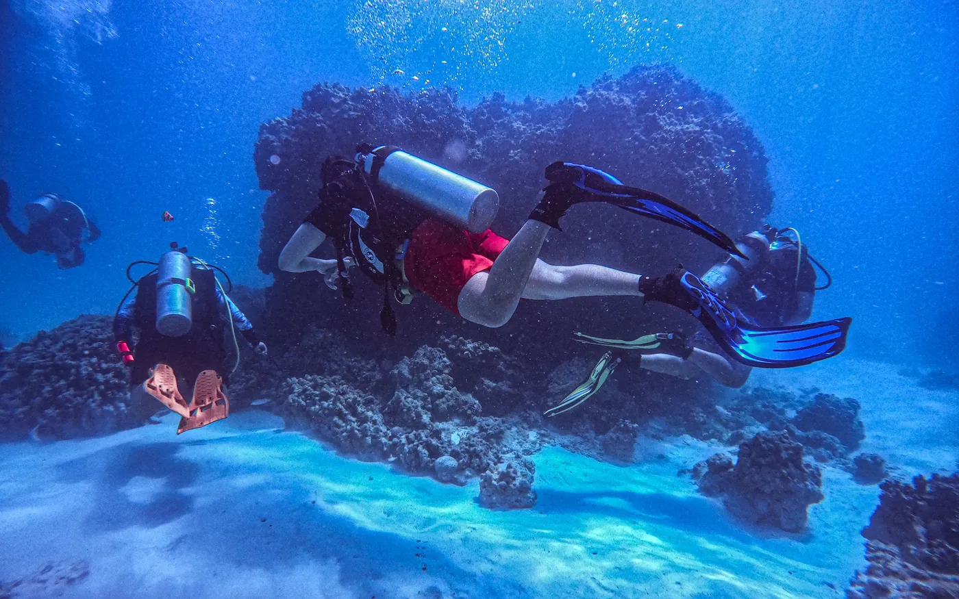 Two scuba divers swimming in horizontal trim above a reef