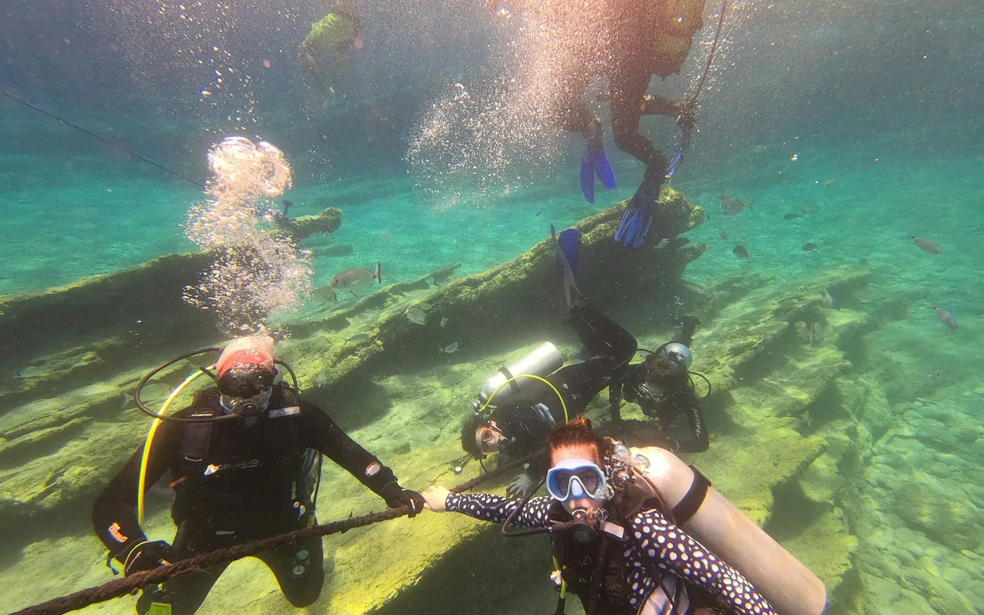 Scuba divers in shallow green water close to the surface