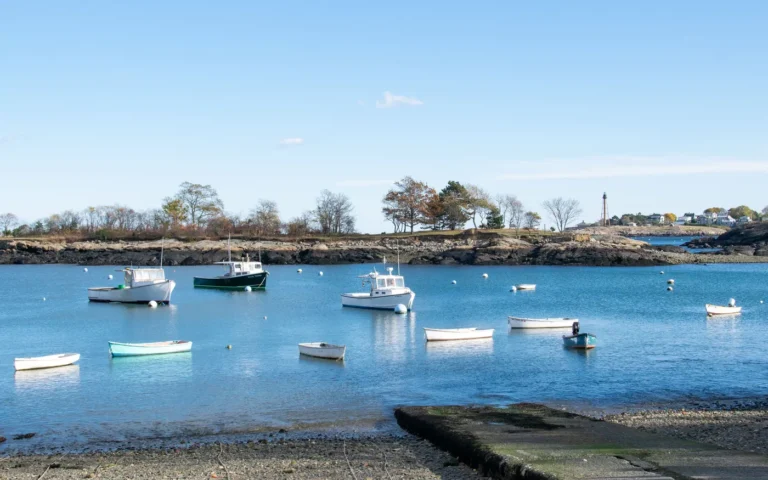 Moored boats in a quiet New England harbor