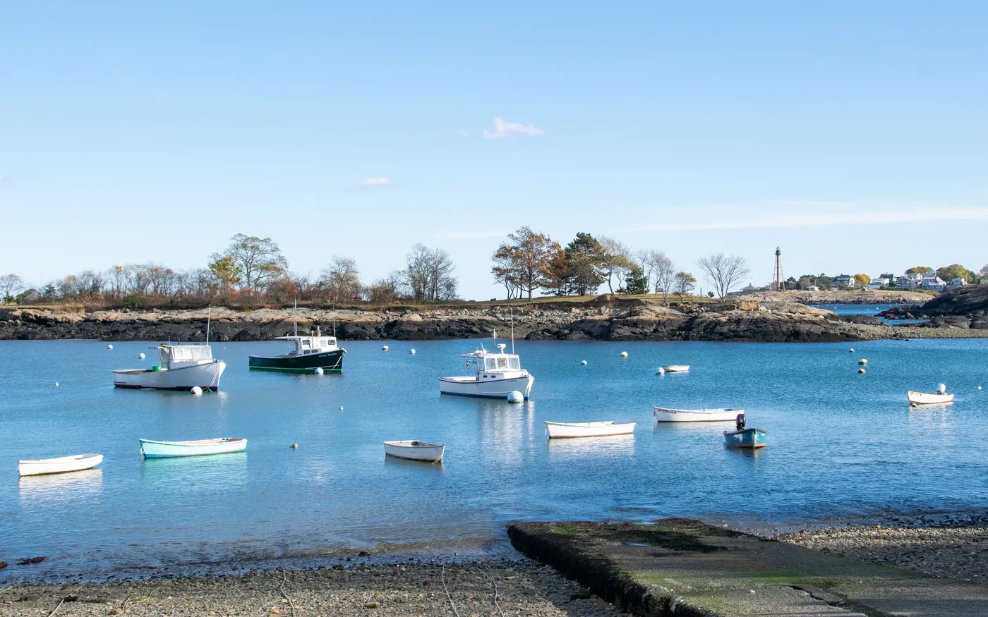 Moored boats in a quiet New England harbor