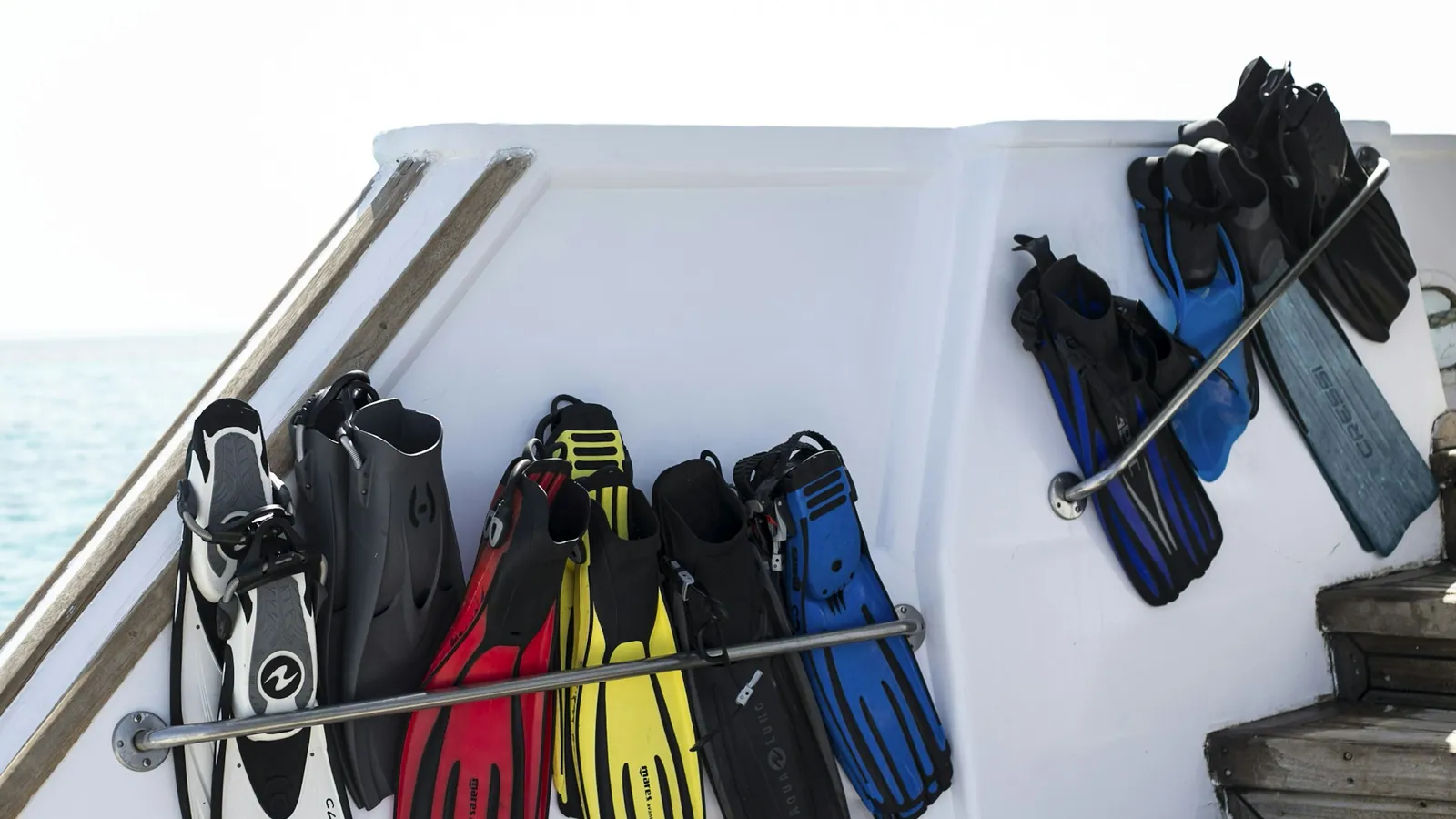 Rental fins in a range of sizes racked along the rail of a dive boat