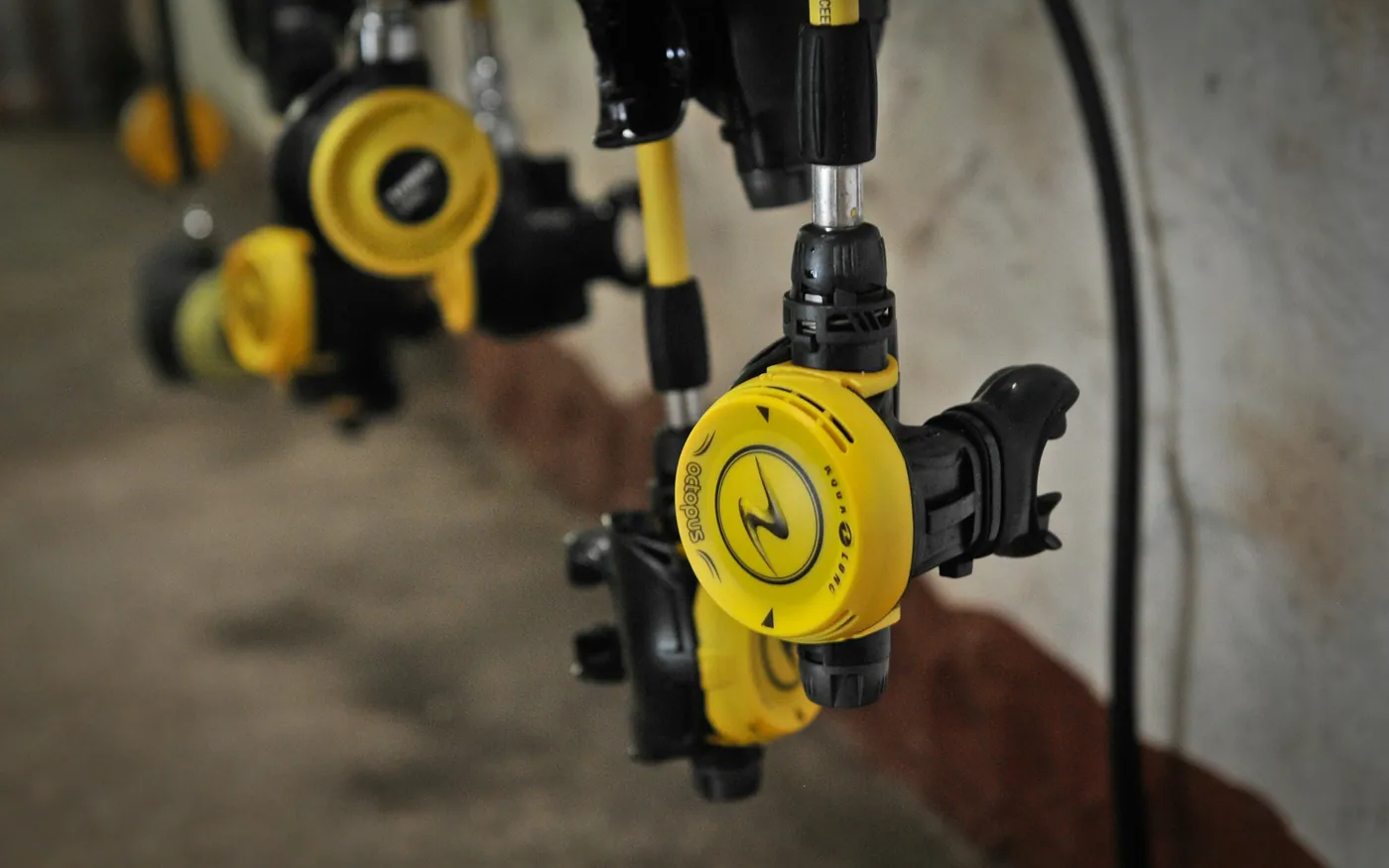 Scuba regulator second stages and octopuses hanging on a rack