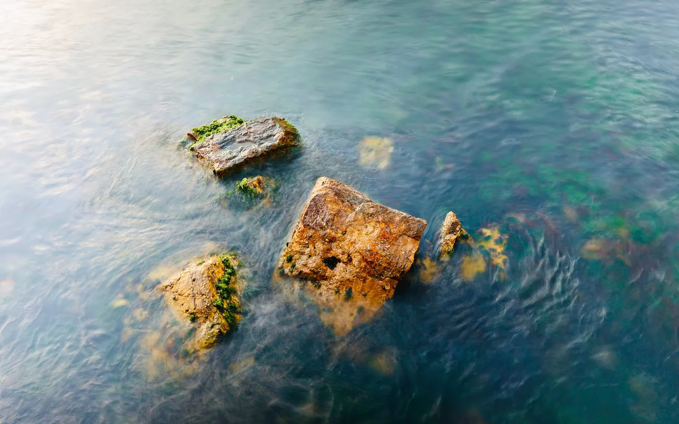 Rocks and weed on a shallow seabed seen through clear water