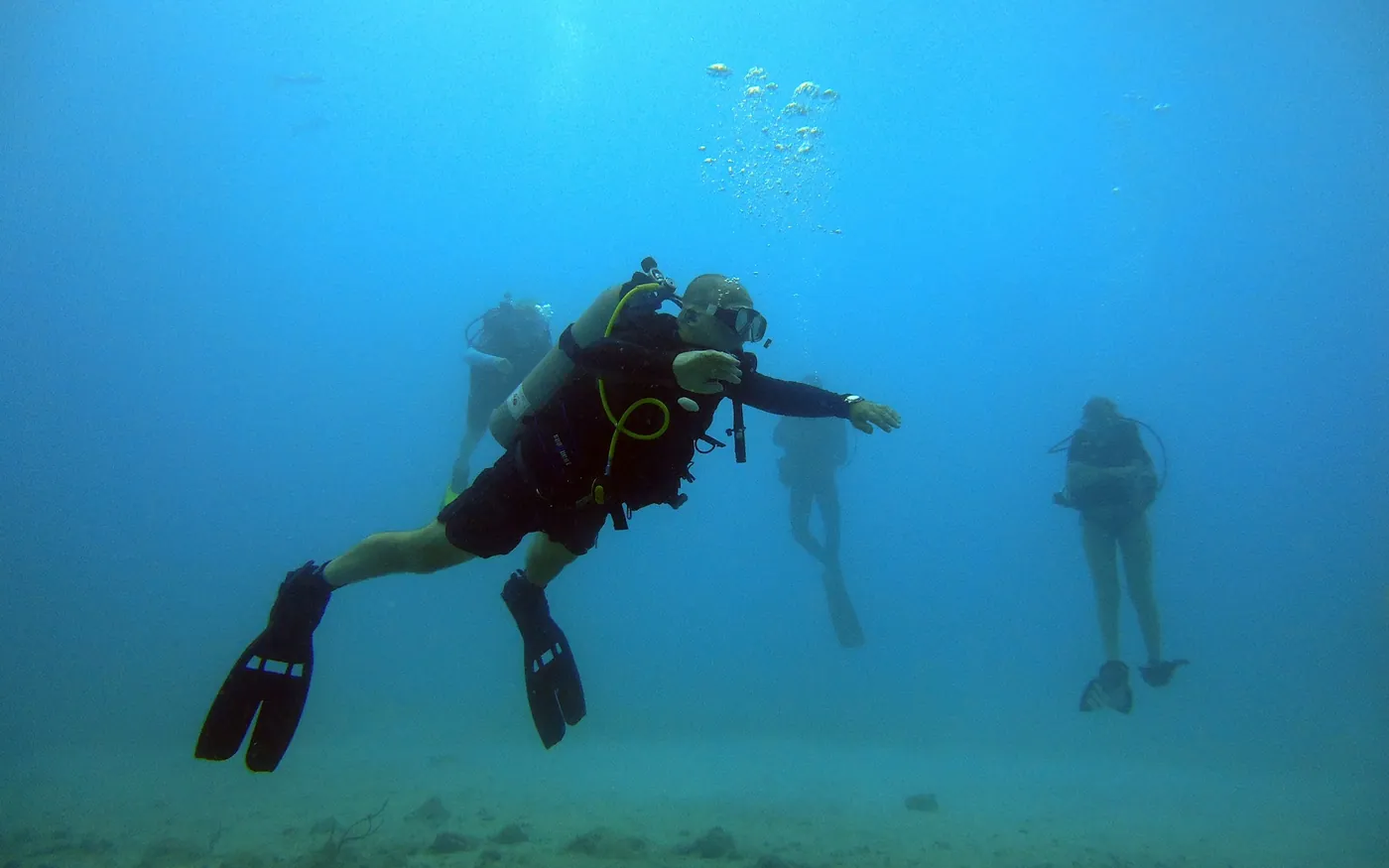 Two scuba divers swimming close together over a sandy bottom