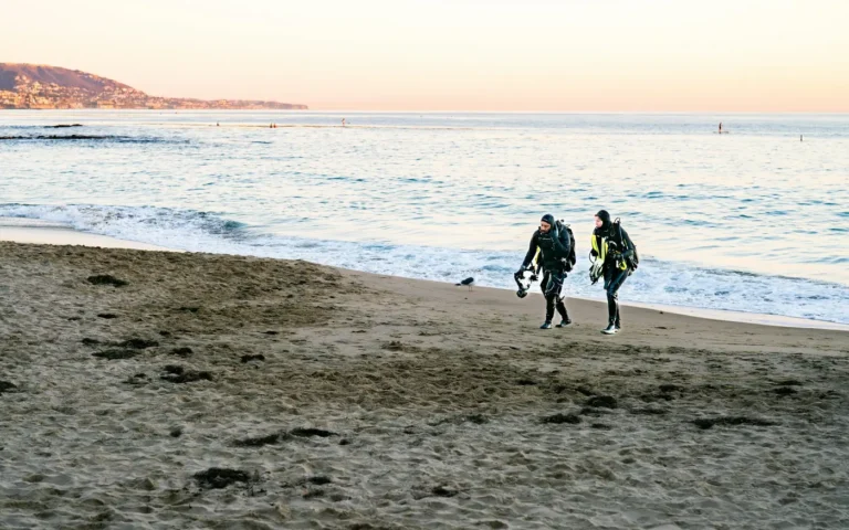 Two divers in full scuba equipment walking along a beach at first light