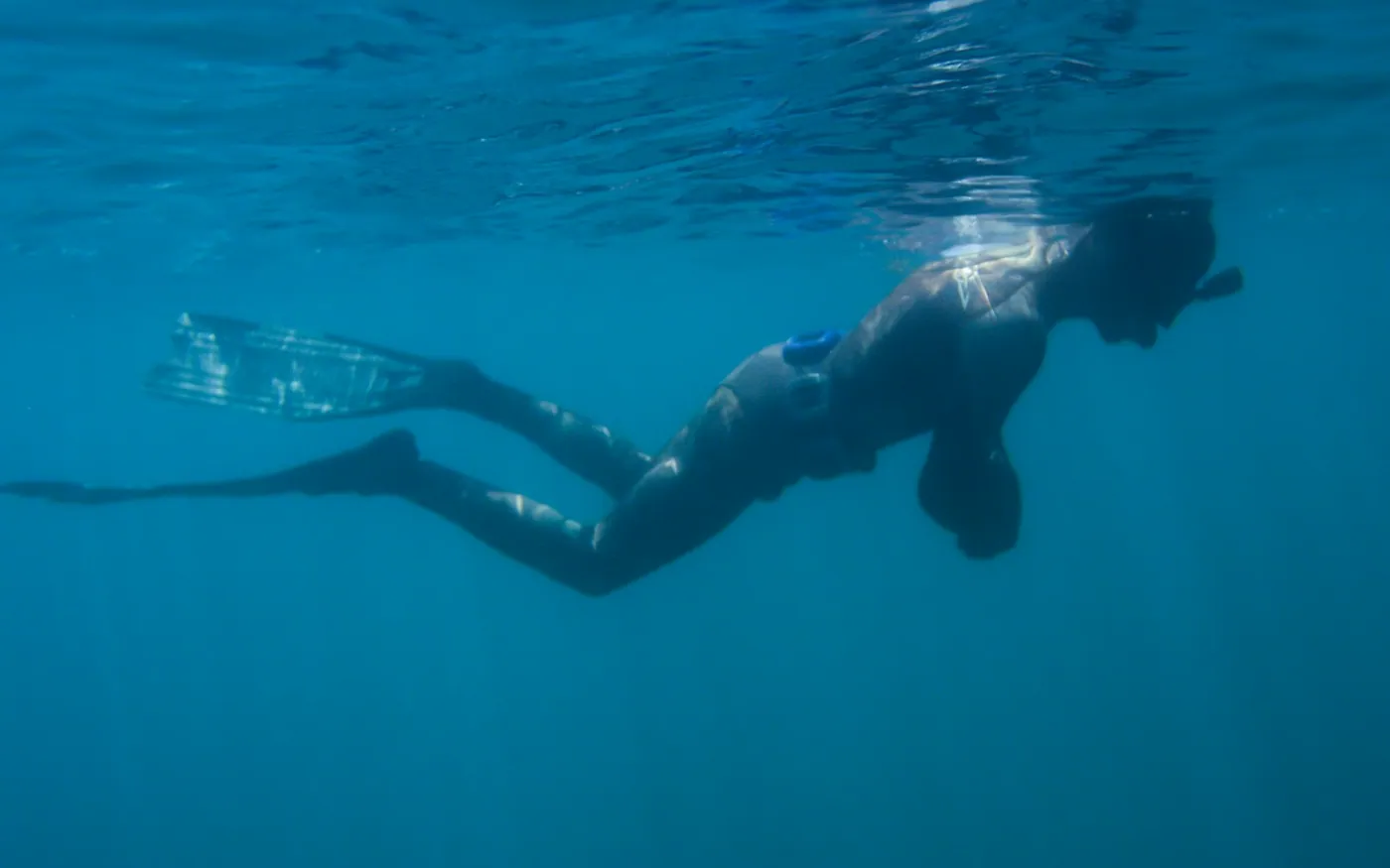 Two snorkelers side by side at the surface