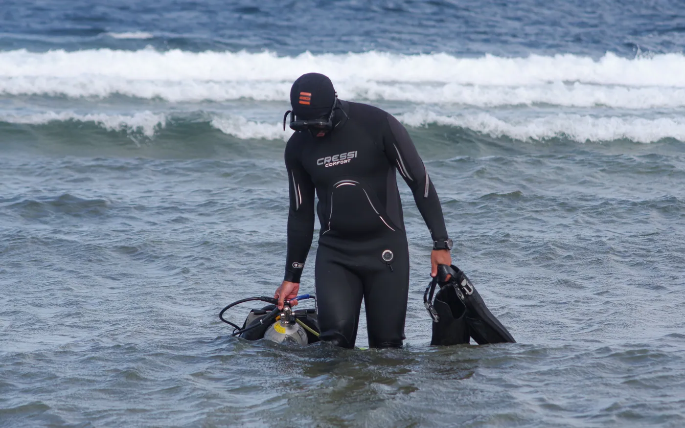A diver in a wetsuit carrying fins and walking into cold surf